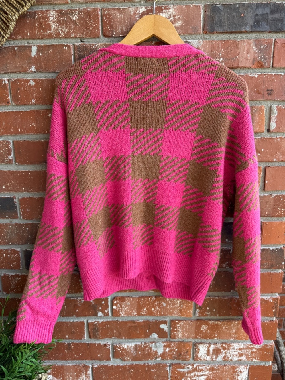 Pink and Brown Plaid Button-Front Cardigan Sweater - Picture 3 of 5